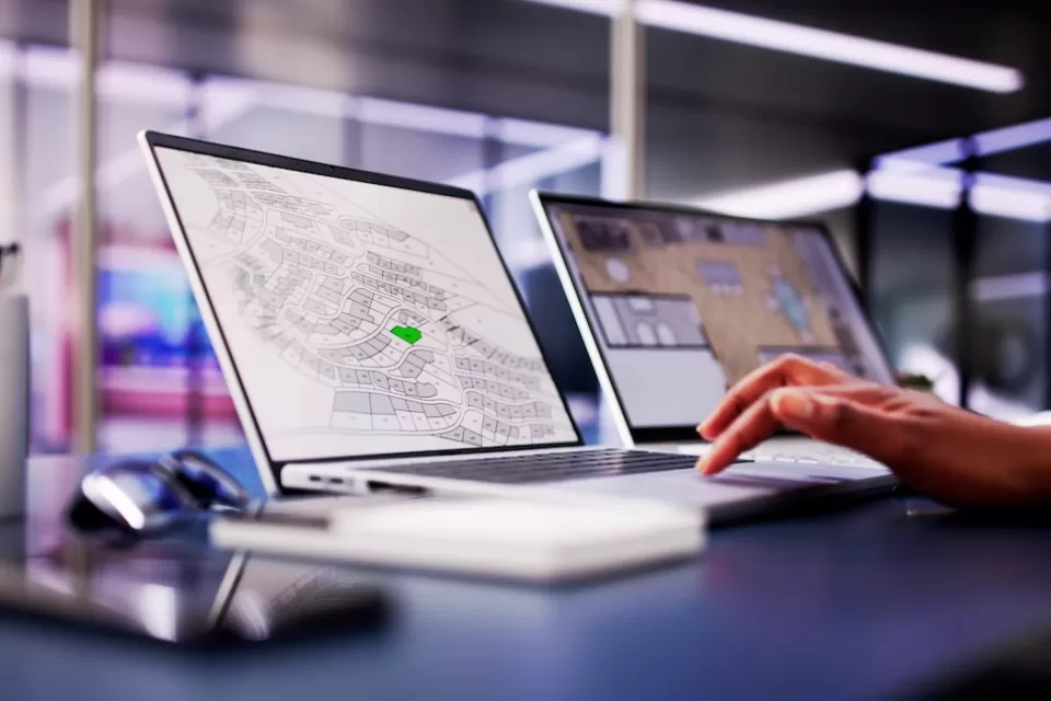 Close-up of laptop with GIS parcel map open and hand resting on keyboard in modern office.